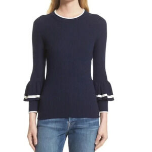 FRAME Double Ruffle-Cuff Rib-Knit Wool Sweater in Navy